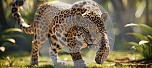 Jaguars stealthily hunting along lush tropical river banks in the vibrant jungle habitat photo