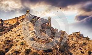 Jaigarh Fort Jaipur Rajasthan India with moody sky.