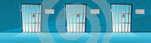 Jail corridor with Grid door in cartoon style.Hallway prison cell interior with lattice. Cartoon vector