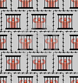 Jail pattern seamless. Prisoner in prison background. Perpetrator and bars on windows. Barbed wire around perimeter