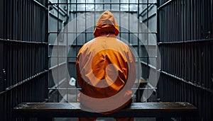 Jailed man dressed in orange jumpsuit sit on a bench