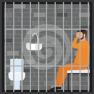 Jailed man in prison cell. Suspect, convict in Interrogation Room. Lawbreaker or offender in prison uniform