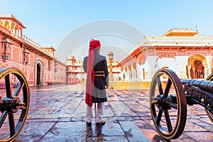 Jaipur City Palace Guard in his traditonal uniform, India