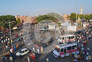 View to the busy street of the city during evening rush hour in Jaipur, India.