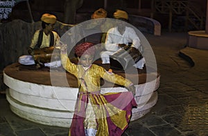 Jaipur, India - October 21, 2012: A group of artist musician and dancer performing folk dance of Rajasthan state