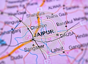 Jaipur on a map of India with blur effect