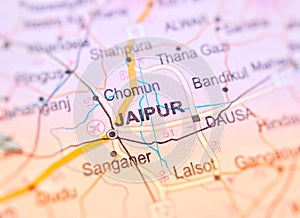 Jaipur on a map of India with blur effect