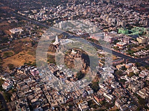 Jaipur mountain fortification temple of Ganesh, aerial drone view