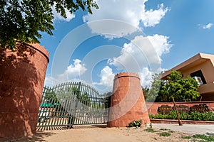 Jaipur , rajasthan / india - 9 june 2020 : entry point or main entrance gate for safari and office of jhalana forest