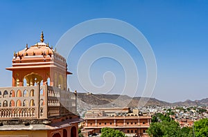 Jaipur, Rajasthan, India - April 23, 2018 : Beautiful view of Amber Sheesh Mahal Garden in Amber Fort