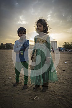 Portrait of young poor children in India