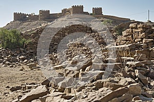 Jaisalmer, Kuldhara abandoned village and fort in Thar Desert, walls of ruined house