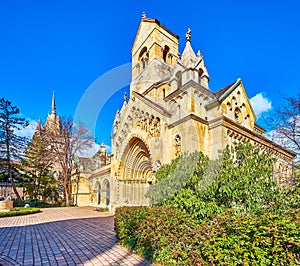 Jak Chapel is the pearl in Vajdahunyad Castle comnplex, Budapest, Hungary