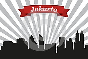 Jakarta city skyline with rays background and ribbon