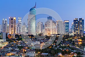 Jakarta downtown skyline with high-rise buildings at sunset photo