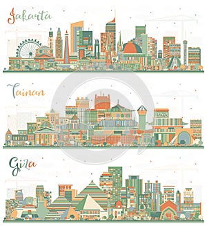 Jakarta, Giza and Tainan Taiwan City Skylines Set with Color Buildings