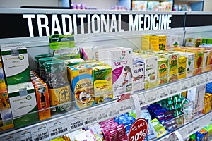 Jakarta, Indonesia, February 16 2022: Various types of traditional medicines on the pharmacy shelf. Pharmacies or pharmacies that