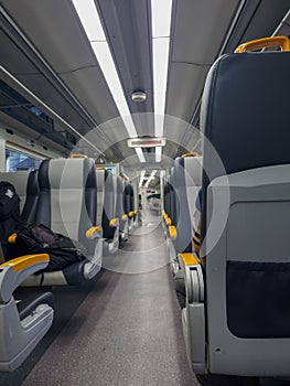 Jakarta, Indonesia - may 05, 2023 : seat of Soekarno Hatta airport train with the last destination Manggarai station. the car is