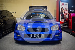 Blue Subaru Impreza WRX STI Blobeye with wrc inspired bodykit in Indonesia Modification Expo 2023