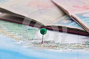 Jakarta, Java, Indonesia, GreenPin and Passport, Close-Up of Map