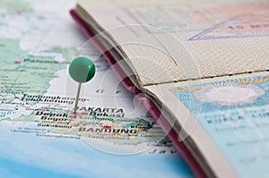 Jakarta, Java, Indonesia, GreenPin and Passport, Close-Up of Map