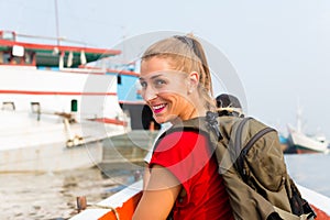 Jakarta Tourist at sightseeing on boat trip in harbour