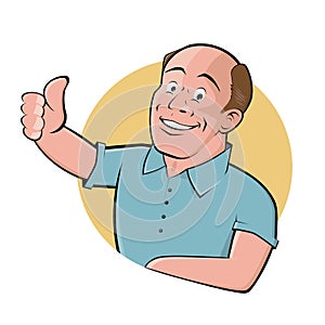Cartoon logo of a handsome bald man with thumbs up