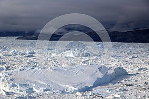 Jakobshavn Glacier also known as Ilulissat Glacier or Sermeq Kujalleq seen from an airplane