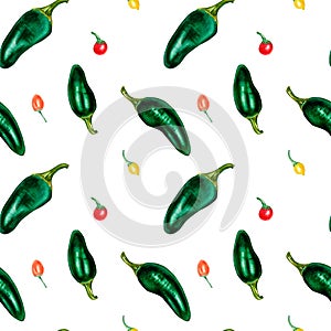 A pequeno pimientos. picante acuarela sin costura patrón en blanco 