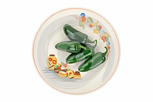 Jalapeno Peppers on a Colorful Antique Plate.