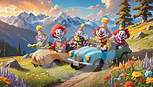 Jalopy car show event clown mountain scene