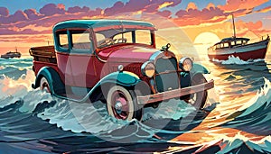 Jalopy pickup dangerous coastline storm waves