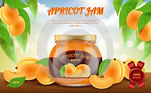 Jam ads. Traditional food in glass jar jamming marmalade products vector promotional placard template