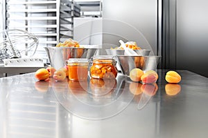 Jam from apricots in a glass jar on a polished stainless steel s
