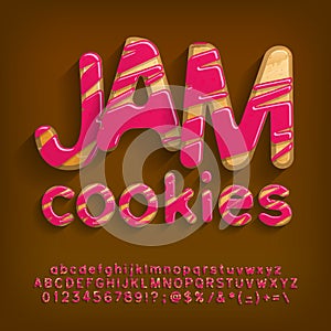 Jam Cookies alphabet font. Cartoon letters, numbers and symbols. Uppercase and lowercase.