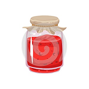 Jam in a jar, berry fruit jam in a closed jar. Vitamins, sweet dessert. Vector isolated illustration on white background