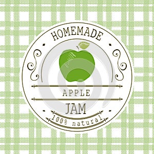 Jam label design template. for apple dessert product with hand drawn sketched fruit and background. Doodle vector apple illustrati