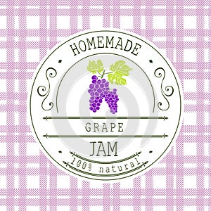 Jam label design template. for grape dessert product with hand drawn sketched fruit and background. Doodle vector Grape illustrati