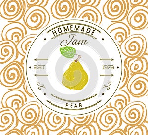 Jam label design template. for pear dessert product with hand drawn sketched fruit and background. Doodle vector pear illustration