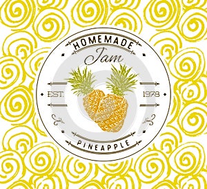 Jam label design template. for pineapple dessert product with hand drawn sketched fruit and background. Doodle vector pineapple il