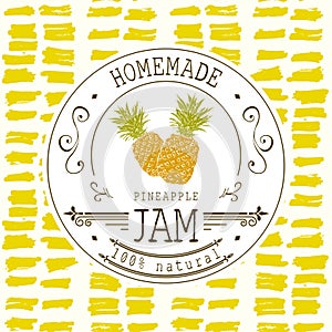 Jam label design template. for pineapple dessert product with hand drawn sketched fruit and background. Doodle vector pineapple il