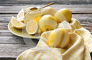 Jam of lemons and fresh lemon fruits