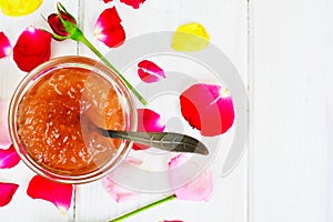 Jam Made of Rose Petals on the Old Wooden Boards