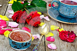 Jam Made of Rose Petals on the Old Wooden Boatds