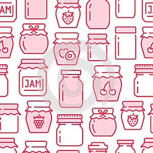Jam seamless pattern with vector thin line icons. Glass jars with honey, jelly and other canned organic food. Homemade