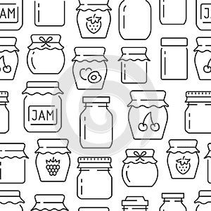 Jam seamless pattern with vector thin line icons. Glass jars with honey, jelly and other canned organic food. Homemade