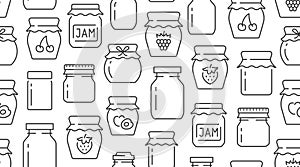 Jam seamless pattern with vector thin line icons. Glass jars with honey, jelly and other canned organic food. Homemade