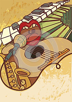 Jam session, jazz, blues music concert vector background flayer, retro style