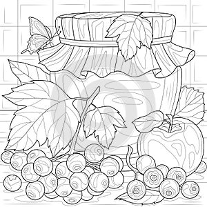 Jam with viburnum and apples.Coloring book antistress for children and adults.