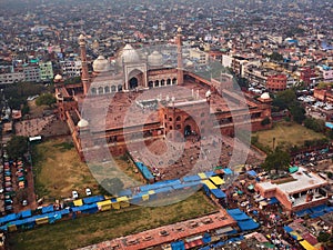 Jama Masjid biggest mosque of India in New Delhi, aerial drone view